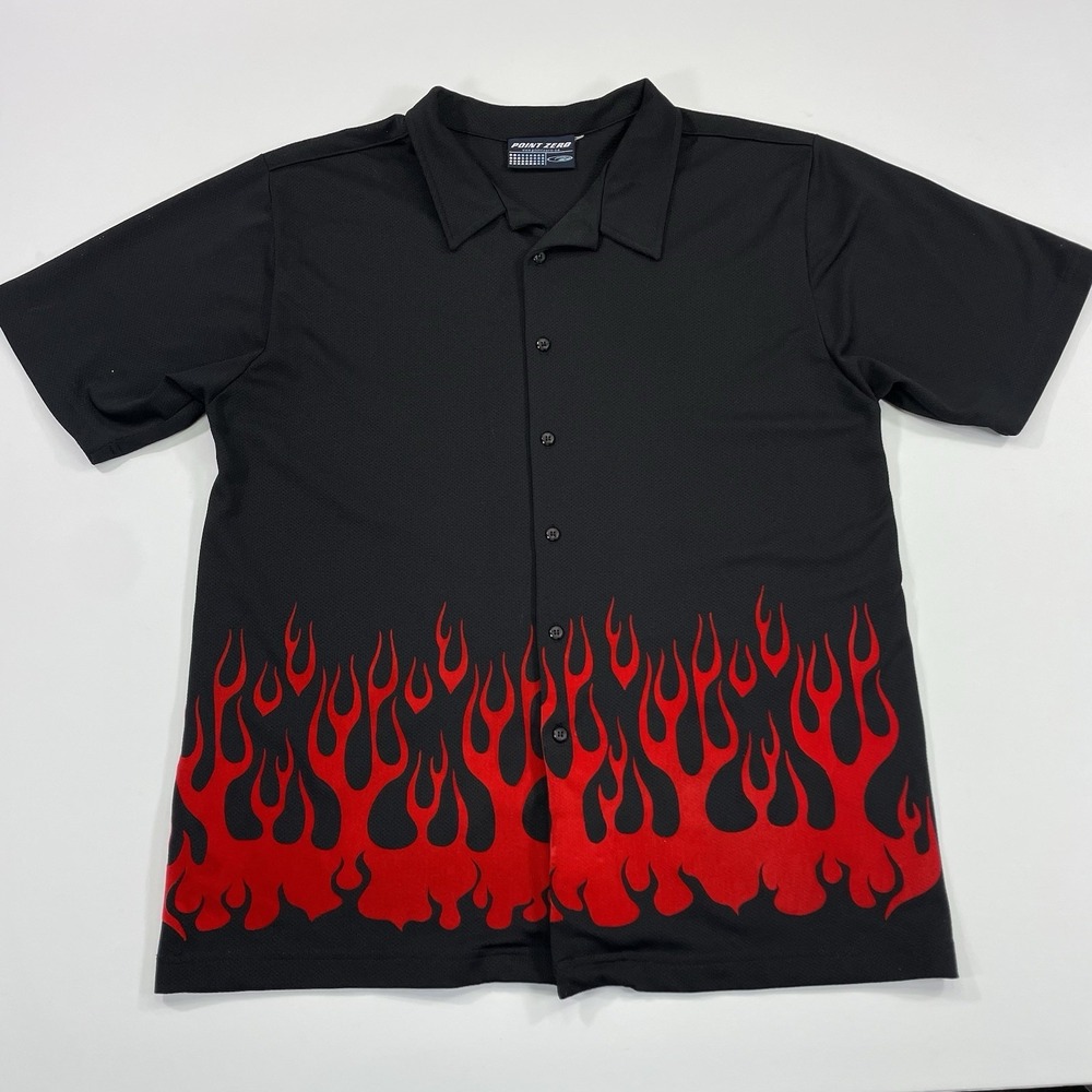 Vtg 90s Skater Point Zero Flame Shirt Button Up Short Sleeve Mens L/XL Black Red